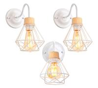 iDEGU Lot de 3 Applique Murale Industrielle E27 Luminaire Abat-jour en Bois et Métal Design Cage 16CM Rétro Éclairage Mural Vintage Lampe Murale Interieur pour Chambre Salon Couloir Cuisine (Blanc)