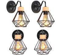 iDEGU Lot de 4 Applique Murale Industrielle E27 Luminaire Abat-jour en Bois et Métal Design Cage 16CM Rétro Éclairage Mural Vintage Lampe Murale Interieur pour Chambre Salon Couloir Cuisine (Noir)