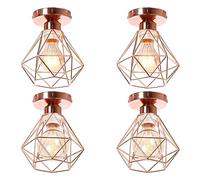 iDEGU Lot de 4 Plafonnier Industriel Vintage Lustre Suspension E27 Rétro Luminaire Design Cage Diamant Fer Lampe de Plafond pour Couloir Salon Cuisine Chambre, Ø16cm (Cage B, Or Rose)
