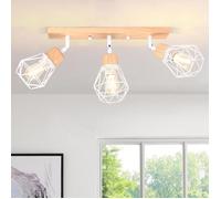 iDEGU Plafonnier 3 Spots Industriel,Plafonnier Spot Vintage en Métal Abat-jour Design Cage avec Base Rectangulaire en Bois,Blanc