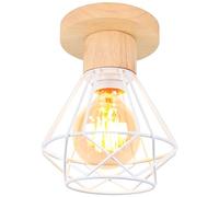 iDEGU Plafonnier Industriel, 16CM Vintage Luminaire E27 Rétro Lustre Suspension en Fer et Bois Cage Design Lampe de Plafond Blanc pour Entrée Couloir Chambre Cuisine (1 Pack)