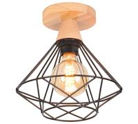 iDEGU Plafonnier Industriel, 22CM Vintage Luminaire E27 Rétro Lustre Suspension en Bois et Fer Design Cage Noir Lampe de Plafond pour Entrée Couloir Chambre Cuisine (1 Pack)