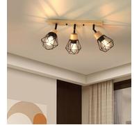 iDEGU Plafonnier Spots Industriel, 3 Spots de Plafond Vinateg Abat-jour en Métal Cage avec Base Rectangulaire en Bois 40cm,Noir