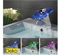 iDeko® Robinet Mitigeur lavabo LED contemporaine conduit un trou mitigeur robinet cascade salle de bains d'évier