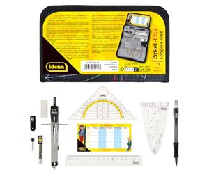 Idena 20066 - Compas en étui, 11 pièces, avec géodésiques, règle, mines de rechange pour le compas, porte-mine & mines de rechange, emploi du temps, gomme & taille-crayon