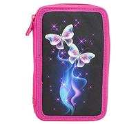 Idena 20125-Porte-plume Triple avec 3 Compartiments zippés, Design Papillon, Trousse remplie de 47 pièces, 20125, Petit, Rose