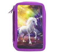 Idena 20126-Porte-plume Triple avec 3 Compartiments zippés, Design Licorne, Trousse remplie de 47 pièces, 20126, Violet