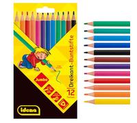 Idena 20138 - Lot de 12 crayons de couleur Jumbo avec mine de 5 mm d'épaisseur en 12 couleurs, sans bois, en forme triangulaire ergonomique, emballés dans un étui en carton