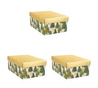 Idena 31494 - Boîte cadeau avec couvercle, dimensions 20 x 15 cm, boîte cadeau pour Noël avec sapins verts et dorés (Lot de 3)