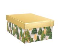 Idena 31494 - Boîte cadeau avec couvercle, dimensions 20 x 15 cm, boîte cadeau pour Noël avec sapins verts et dorés