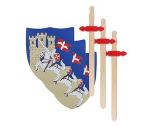 Idena 40032-3-Set de jeu du croisé pour enfants, 3 boucliers et 3 épées en bois, accessoires de costume de chevalier pour carnaval, mardi gras et soirées à thème, 40032-3, Multicolor, 3 Sets