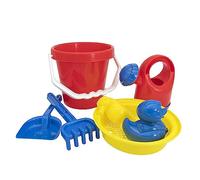 Idena 40239 - Set de Jouets de Sable 7 pièces avec Seau, arrosoir, Tamis, 2 moules, râteau et Petite Pelle, différentes Variantes de Couleurs