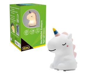 Idena 40385 - LED veilleuse licorne, lampe en silicone avec télécommande, changement de couleur et variateur, taille env. 14 cm, rechargeable, câble de charge USB inclus
