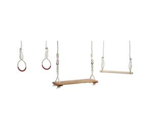 Idena 40394 - Set de balançoire en Bois avec balançoire à Planche, trapèze et Anneaux, à partir de 5 Ans, avec Cordes de Maintien réglables et Anneaux en Acier, capacité de Charge jusqu'à 50 kg