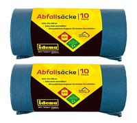 Idena 50056-2 - Set de sacs poubelle, 2 rouleaux de 10 pièces, bleu, 120 litres, 40µ extra fort et indéchirable, avec lien coulissant pratique, sacs à liens coulissants
