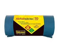Idena 50056 - Sacs poubelle, bleu, 1 rouleau de 10 pièces, 120 litres, 40µ extra fort et résistant à la déchirure, avec lien coulissant pratique, sacs à liens coulissants