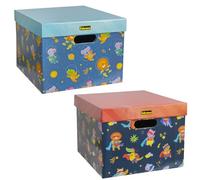 Idena 50068 - Coffre à Jouets en Carton, 2 pièces d'env. 33 x 25 x 35 cm chacune, boîte de Rangement avec Couvercle et poignées, Motifs d'animaux avec Super héros et astronautes