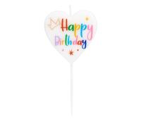 Idena 50097 Bougie de fête en forme de cœur Happy Birthday, bougie d'anniversaire, en cire de paraffine, qualité alimentaire, dimensions du motif : env. 5 x 5 x 1 cm, longueur du piquet : env. 4 cm