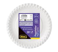Idena 58250 - Assiette de fête blanche, 100 pièces, diamètre 23 cm, écologique & compostable, Assiette en papier, Assiette en carton, Vaisselle jetable