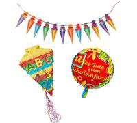 Idena 90125 - 1 Pinata cornet d'école, 1 guirlande, 1 ballon en plastique Rentrée des classes, début de la scolarité, décoration, cadeau