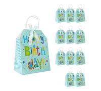 Idena 90240 - Sacs cadeaux Happy Birthday, 12 pièces, sacs cadeaux de 19 x 25 x 11,5 cm, sacs en papier bleu avec inscription