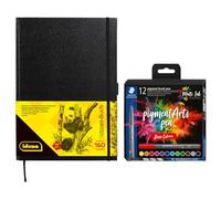 Idena 90303 - Carnet de croquis format A4 avec 160 pages blanches et 12 feutres STAEDTLER Pigment Brush Pen avec pointe pinceau pour largeur de ligne variable