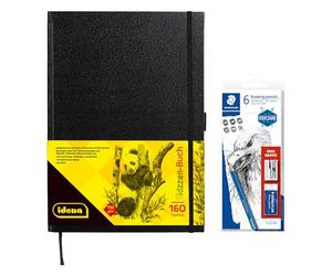 Idena 90346 - Carnet de croquis format A4 avec 160 pages blanches - Avec kit de croquis STAEDTLER avec 6 crayons à dessin, taille-crayon et gomme
