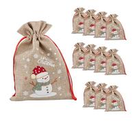 Idena 90416 - Sacs en Tissu env. 15 x 22 cm, 12 pièces, Petits Sacs avec Motif de Bonhomme de Neige, Sac de Noël avec cordelette Rouge, Sac Cadeau pour Noël