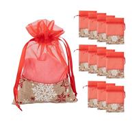 Idena 90418 - Sachet en Organza env. 13 x 18 cm, 12 pièces, Petit Sac avec Motif de Flocon de Neige, Sac de Noël avec Cordon Rouge, Sac Cadeau pour Noël