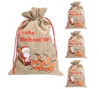 Idena 90472 - Sacs Cadeaux de Noël env. 30 x 40 cm, 4 pièces, Pochettes en Tissu avec Le Père Noël dans Un traîneau tiré par des Rennes et « Joyeux Noël », Sac de Noël avec Cordon Rouge