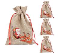 Idena 90492 - Sacs en Jute env. 15 x 22 cm, 4 pièces, Sac en Tissu avec Père Noël et Rennes, Sac de Noël avec Cordon Rouge