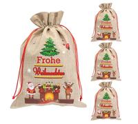 Idena 90493 - Sacs en Jute env. 22 x 32 cm, 4 pièces, Sac en Tissu avec Motif de Père Noël, Renne et Inscription Joyeux Noël, Sac de Noël avec Cordon Rouge
