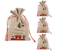 Idena 90495 - Sacs en Jute env. 30 x 40 cm, 4 pièces, Sac en Tissu avec Motif de Père Noël, Renne et Inscription Joyeux Noël, Sac de Noël avec cordelette Rouge