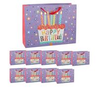 Idena 90532 - Sacs cadeaux « Happy Birthday », 10 pièces, sacs cadeaux de 37 x 28,5 x 10,6 cm, sacs en papier avec motif de gâteaux d'anniversaire