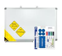 Idena 90884 - Tableau blanc avec plumier, env. 60 x 40 cm, y compris 4 marqueurs pour tableaux blancs STAEDTLER Lumocolor, effaceur, spray de nettoyage 250 ml & 4 aimants