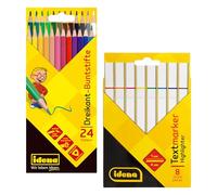 Idena 90959 - Set de 24 Crayons de Couleur et 8 surligneurs, Crayons de Couleur ergonomiques de Forme Triangulaire, marqueurs à Pointe biseautée et épaisseur de Trait 1-4 mm