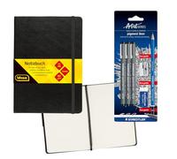 Idena Staedtler 90329 Carnet de notes format A5 avec 192 pages blanches avec lot de 3 feutres pigmentés, un crayon, un taille-crayon et une gomme