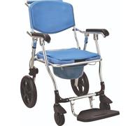 Identités, Chaise douche mobile pliante Minorque, Confortable, Chaise À Roulette, Repose-Pied, Pot Amovible, Pliable à Plat, Aluminium, Poids 9,9 kg, Poids Max 125 kg.