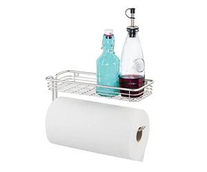 iDesign Classico porte essuie tout mural, derouleur sopalin en métal avec socle, aussi utilsable comme support papier toilette, argenté mat