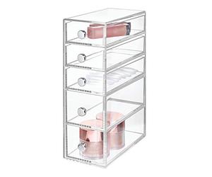 iDesign Drawers tour de rangement, rangement salle de bain en plastique avec 5 tiroirs, boite rangement pour cosmétiques ou accessoires bureau, transparent