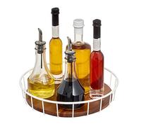 iDesign plateau tournant, organisateur cuisine à bords surélevés en métal et bois d'acacia, rangement placard cuisine pour épices, bouteilles et autres, blanc et couleur nature