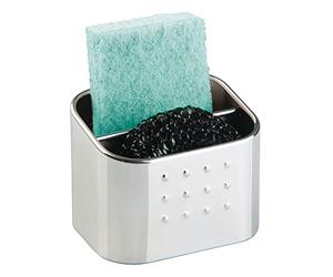 iDesign rangement cuisine pour éponge, petit porte éponge en acier à 2 compartiments, accessoire cuisine pour éponge, grattoir vaisselle ou savon, argenté mat