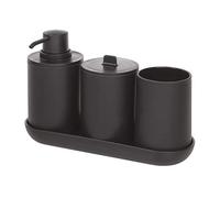 iDesign Set de Rangement, Accessoire Salle de Bain (4 Pièces) avec Distributeur Savon, Verre à Dents, Boîte à Coton et Plateau en Plastique, Rangement Salle de Bain, Noir