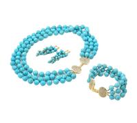 IDGTTLDF 3 Strands Blue Cutting Angle Round Faceted Turquoises Gems Stone Clasp Necklace Bracelet Earrings Sets For Women (Bracelet)