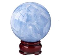 IDGTTLDF Blue Celestite Crystal Sphere Ball with Wood Stand Decorative Orbs Crystals Sculpture for Photography Prop Home Party Decoration Gift,5.5~6cm