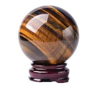 IDGTTLDF Crystal Ball, Tiger's Eye Gemstone Sphere Divination with Wooden Stand for Healing/Chakra Balance/Yoga/Home/Office FengShui Decoration,100mm