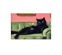 IDGTTLDF Retro Black Cat Poster with Martini, Pink and Green Canvas Wall Art, Eclectic Bar Cart Decor for Bedroom Unframed,16x24inch(40x60cm)