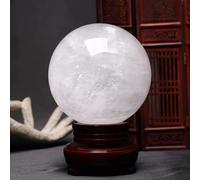IDGTTLDF White Calcite Quartz Ball Sphere Crystal with Wooden Base, Ornament for Living Room Decor, Fountain Decoration,6cm/2.4in