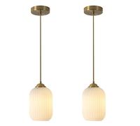 IDHBGJD Éclairage Mini Pendentif en Verre de Lait-Petits Globes nervurés plafonniers Modernes Blancs et dorés-Paquet de 2 Milieu du siècle