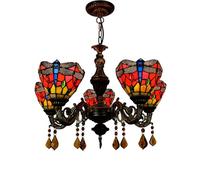 IDHBGJD Lustre en vitrail Tiffany 5 têtes 6 Pouces plafonnier Libellule Rouge Style Vintage décor Lampe à Suspension en Cristal pour Salle à Manger Salon Chambre Restaurant Couloir